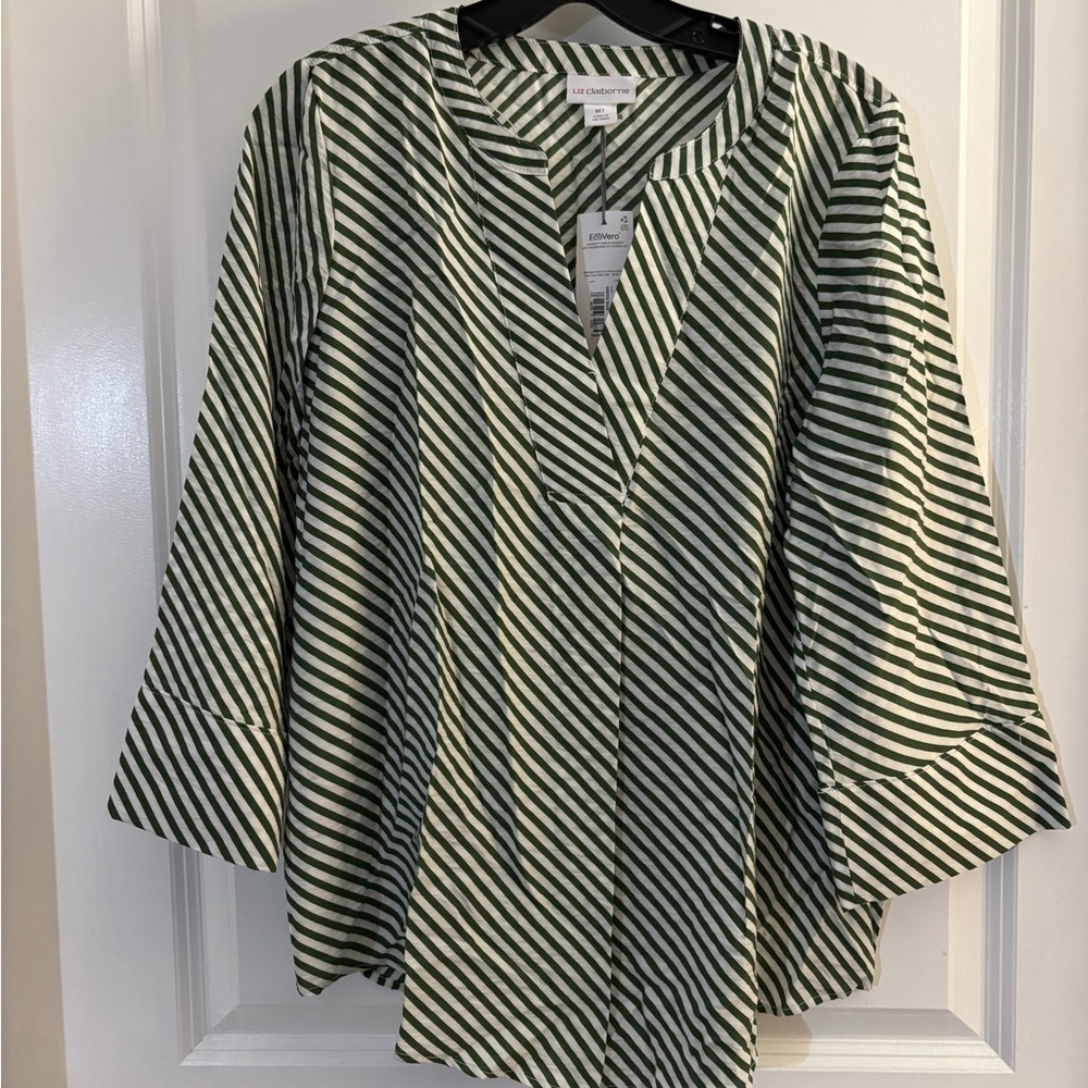 NWT Liz Claiborne Green & White Striped Blouse Sz Med Tall
